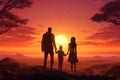Family on the beach at sunset. Silhouette of a man and a woman holding hands, rear view of a happy family at sunset, AI Generated Royalty Free Stock Photo