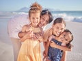Family, beach vacation and happy children with their mother and grandma out for fun, happiness and bonding on an