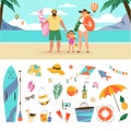 Family beach vacation set of accessories and people vector illustration isolated. Royalty Free Stock Photo