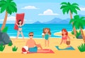 Family beach vacation. Young family with happy kids sunbathing on sand beach, summer seashore cartoon vector illustration