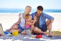 Family, beach and young girl on vacation, seaside and ocean with sand castle for bonding time. Holiday, overseas and Royalty Free Stock Photo