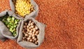 Family of beans panorama. Yellow lentils, peas are green chipped, red lentils, chickpeas