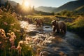 A family of bears exploring their surroundings in the wilderness