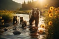 A family of bears exploring their surroundings in the wilderness