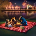 A family of bears having a picnic under a dazzling display of New Years Eve fireworks2 Royalty Free Stock Photo