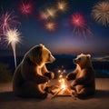 A family of bears having a picnic under a dazzling display of New Years Eve fireworks3 Royalty Free Stock Photo