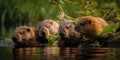 family of beavers building a dam in a stream, surrounded by tall grass and wildflowers. Generative AI