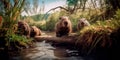 family of beavers building a dam in a stream, surrounded by tall grass and wildflowers. Generative AI