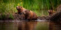 family of beavers building a dam in a stream, surrounded by tall grass and wildflowers. Generative AI