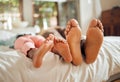 Family, bed and feet of father and girl enjoying quality time, holiday and freedom on weekend together. Love, home Royalty Free Stock Photo