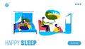 Family bedtime activity landing page design with parents reading and showing tales to kids