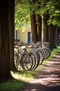 family bicycles parked in a row outdoors Royalty Free Stock Photo
