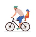 Family bike. Child with father together ride on bicycle. Happy travel of dad with son. Two people in helmets and sportswear on