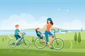 Family bike ride in summer green landscape and nature, mother and children on bicycles