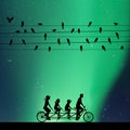 Family on bike tandem under birds on wires at night Royalty Free Stock Photo