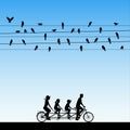 Family on bike tandem under birds on wires