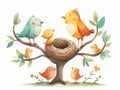 A Family of Birds Building a Nest in a Minimalistic Tree AI Generated Royalty Free Stock Photo