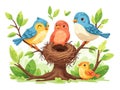 A Family of Birds Building a Nest in a Minimalistic Tree AI Generated Royalty Free Stock Photo