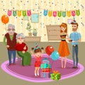 Family Birthday Home Celebration Cartoon  Illustration Royalty Free Stock Photo