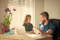 family blog. nerd boy do homework with teacher. webinar video lesson. online education Royalty Free Stock Photo