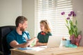 family blog. nerd boy do homework with teacher. webinar video lesson. online education Royalty Free Stock Photo