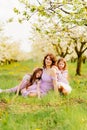 A family in a blossoming spring garden. mom and two daughters. Royalty Free Stock Photo