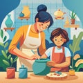 Family Bonding Time: Mother and Child Cooking Together in Kitchen