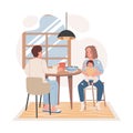 Family breakfast at the kitchen vector flat illustration. Tired and exhausted mother trying to feed her crying baby. Royalty Free Stock Photo