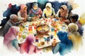 Family Breaking Fast During Ramadan around a table. Digital Painting. AI Generated. Royalty Free Stock Photo