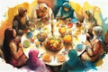 Family Breaking Fast During Ramadan around a table. Digital Painting. AI Generated. Royalty Free Stock Photo