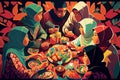 Family Breaking Fast During Ramadan around a table. Digital Painting. AI Generated. Royalty Free Stock Photo