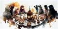 Family Breaking Fast During Ramadan around a table. Digital Painting. AI Generated. Royalty Free Stock Photo