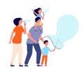 Family and bubbles. Soap bubble blowing, happy parents and child outdoor game. People play together, summer fun activity