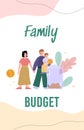 Family budget card template with people saving money flat vector illustration.