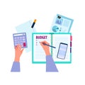 Family budget planning vector finance illustration with hands, calculator, notebook, documents, graphs, smartphone.
