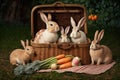 Family of bunnies having an Easter picnic, with a basket of carrots, eggs, and sandwiches Easter illustration generative ai