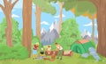 Family camp in forest cartoon vector illustration Royalty Free Stock Photo