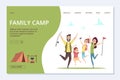 Family camp landing page. Vector happy cartoon family, adventure time banner