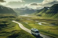Family camper van driving through valley. Motorhome lifestyle travel to sea and mountains Royalty Free Stock Photo