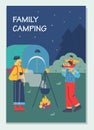 Family camping banner or poster layout, flat cartoon vector illustration.