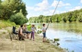 Family camping and fishing, people active in nature, child caugh