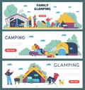 Family camping and glamping posters set, tourists living in comfortable tents, flat vector illustration.