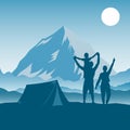 Family camping, hiking, travel and outdoor activities. Father, mother and son on a background of a mountain landscape. Tourists