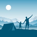 Family camping, hiking, travel and outdoor activities. Silhouettes of father and son on the background of a mountain landscape. Royalty Free Stock Photo