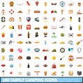 100 family camping icons set, cartoon style Royalty Free Stock Photo