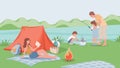 Family camping vector flat illustration. Young mother lying on blanket, reading book, father catching fish with children Royalty Free Stock Photo