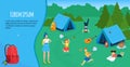 Family camping vector illustration, cartoon flat mother and children camper characters have fun together in campsite