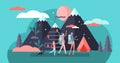 Family camping vector illustration. Flat tiny exploration persons concept.