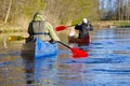 family canoeing on the river in the early morning. joint pastime, entertainment, outdoor recreation, acquaintance with Royalty Free Stock Photo