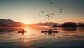 Family canoeing at sunset, enjoying tranquil nature and togetherness generated by AI Royalty Free Stock Photo